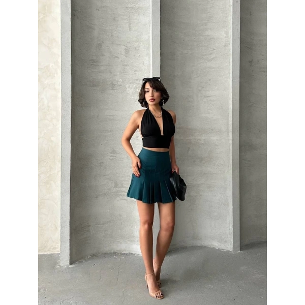 Pileli düğmeli etek yeşil s24811