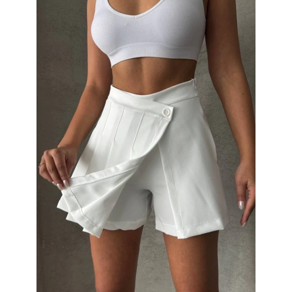 Piliseli düğmeli şort etek beyaz s25813