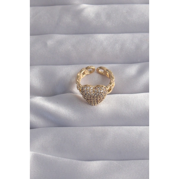 Pirinç Ayarlamalı Gold Renk Zirkon Taşlı Bombeli Kalp Yüzük