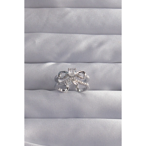 Pirinç Ayarlamalı Gümüş Renk Zirkon Taşlı 2li Görünüm Fiyonk Yüzük