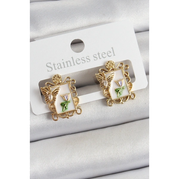 Pirinç Beyaz Mineli Sanatsal Portre Model Gold Renk Kadın Küpe