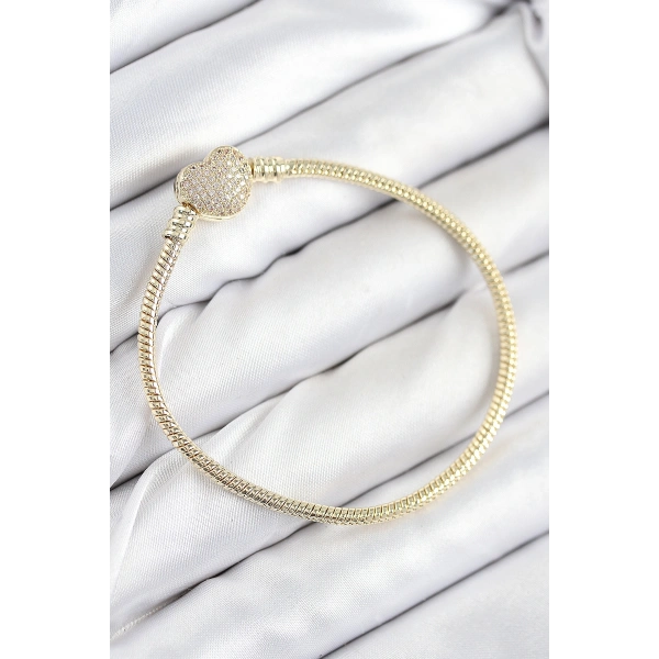 Pirinç Charm Zirkon Taşlı Kalp Model Gold Renk Kadın Bileklik