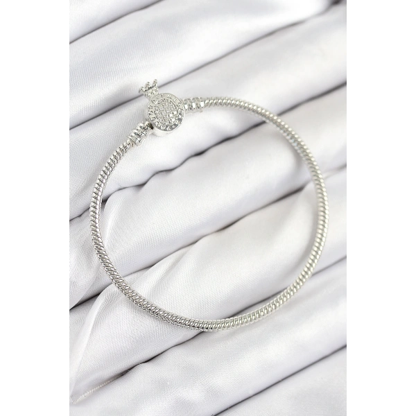 Pirinç Charm Zirkon Taşlı Taç Model Gümüş Renk Kadın Bileklik