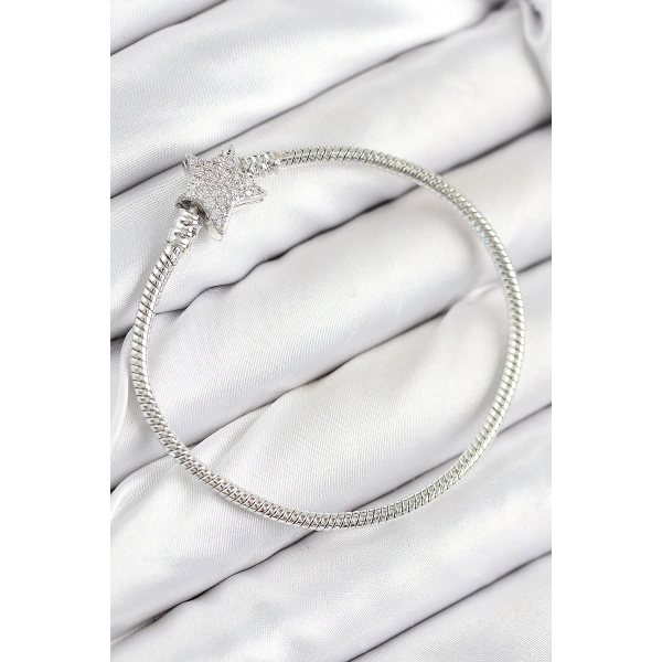 Pirinç Charm Zirkon Taşlı Yıldız Model Gümüş Renk Kadın Bileklik