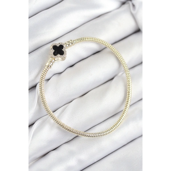 Pirinç Charm Zirkon Taşlı Yonca Model Gold Renk Kadın Bileklik