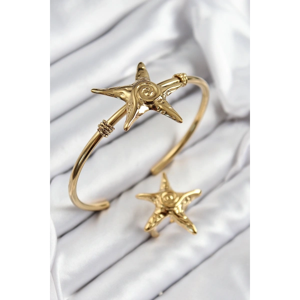 Pirinç Deniz Yıldızı Model Gold Renk Bileklik Yüzük Set