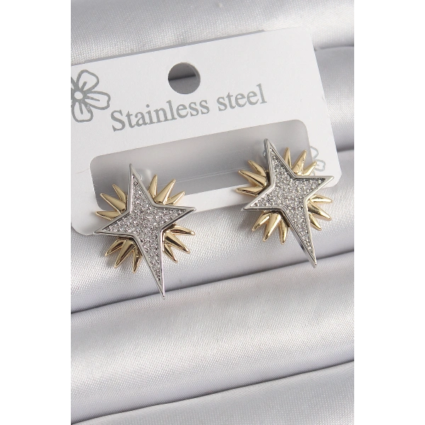 Pirinç Gold Gümüş Renk Zirkon Taşlı Kutup Yılıdız Model Kadın Küpe