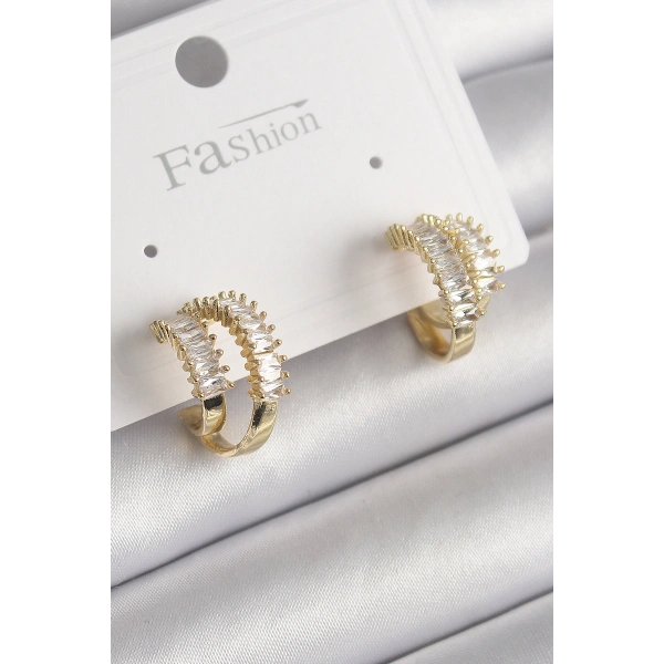 Pirinç Gold Renk 2Li Zirkon Taşlı Halka Model Kadın Küpe