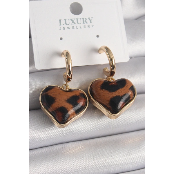 Pirinç Gold Renk 3D Kalp Leopar Desen Model Kadın Küpe