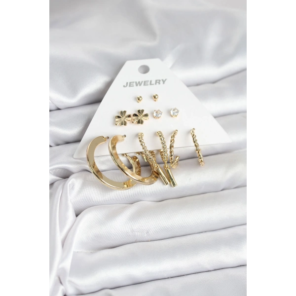 Pirinç Gold Renk 6 Çift Kadın Küpe Seti