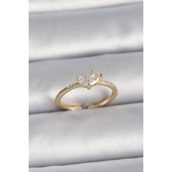 Pirinç Gold Renk Ayarlanabilir Zirkon Taşlı Kalp Model Kadın Yüzük