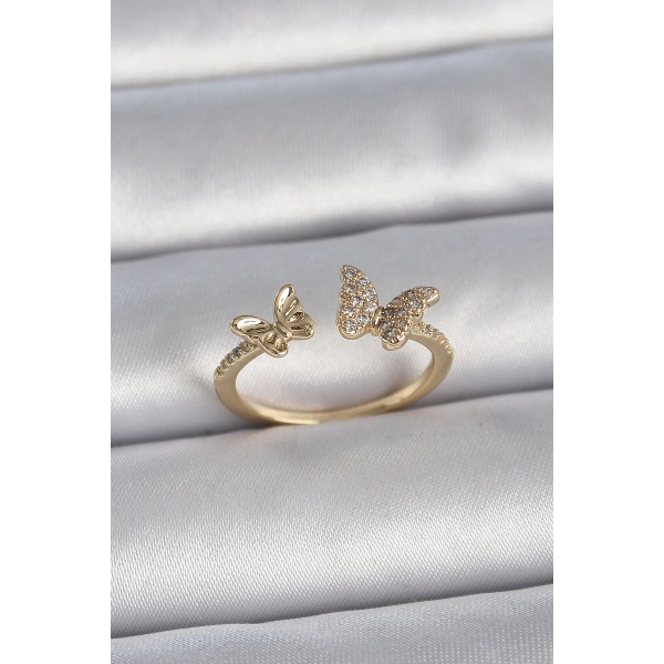 Pirinç Gold Renk Ayarlanabilir Zirkon Taşlı Kelebek Model Kadın Yüzük