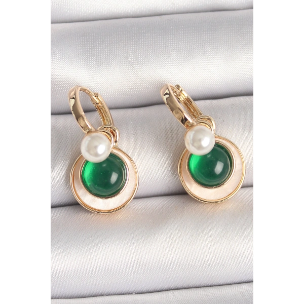 Pirinç Gold Renk Beyaz Yeşil Sallantı Mineli Kadın Küpe