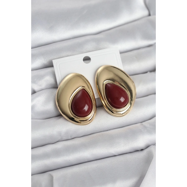 Pirinç Gold Renk Bordo Taşlı Damla Model Vintage Kadın Küpe