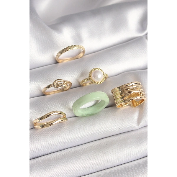 Pirinç Gold Renk Düğüm Model İncili İşlemeli Plaka Model 6Lı Kadın Yüzük Seti