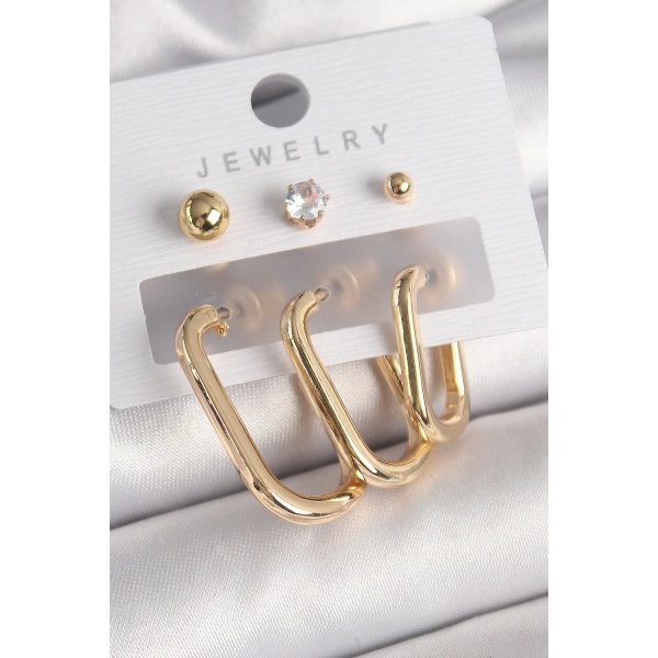 Pirinç Gold Renk Halka Model Zirkon Taş Topçuk Detay Kadın Küpe Seti