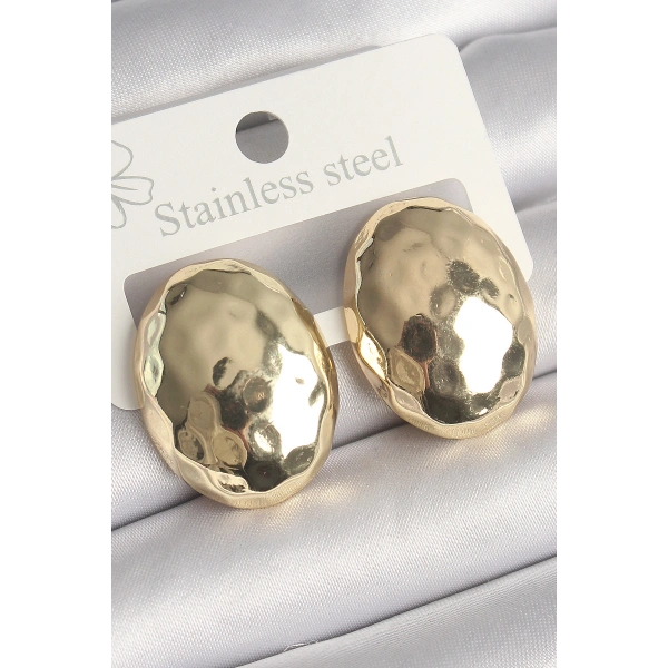 Pirinç Gold Renk İşlemeli Bombe Oval Model Kadın Küpe