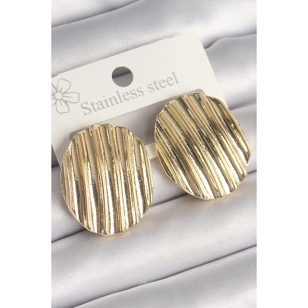 Pirinç Gold Renk İşlemeli Daire Plaka Model Kadın Küpe