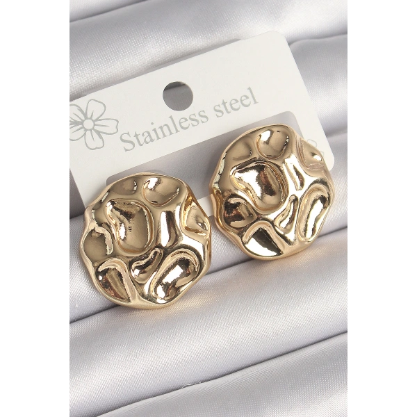 Pirinç Gold Renk İşlemeli Daire Plaka Model Kadın Küpe