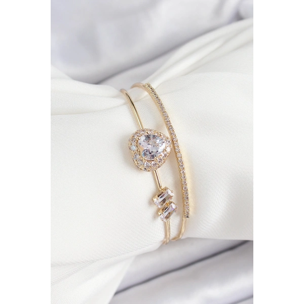 Pirinç Gold Renk Kalpli Zirkon Taşlı Kadın Bileklik
