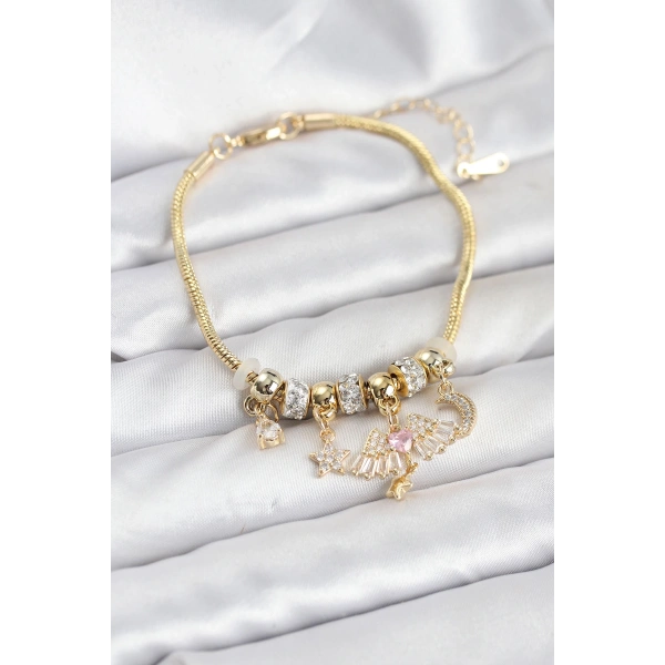 Pirinç Gold Renk Kanatlı Charmlı Kadın Bileklik