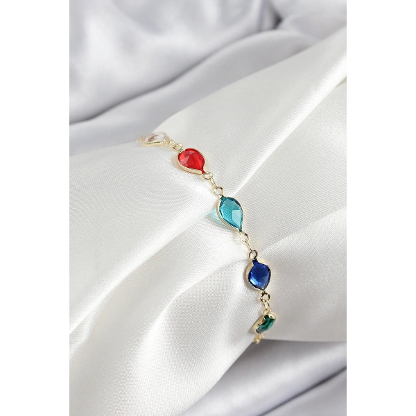 Pirinç Gold Renk Karışık Renk Damla Zirkon Taşlı Kadın Bileklik