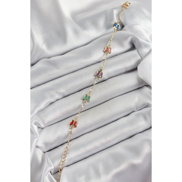 Pirinç Gold Renk Karışık Renk Kelebek Zirkon Taşlı Kadın Bileklik