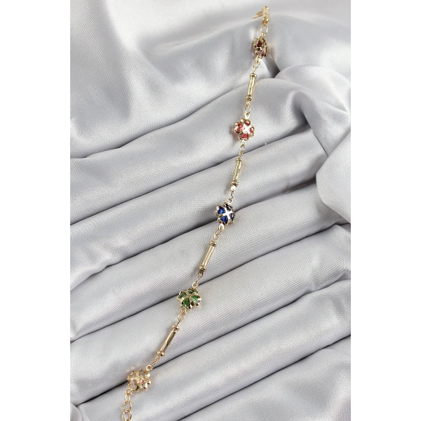 Pirinç Gold Renk Karışık Renk Yonca Zirkon Taşlı Kadın Bileklik