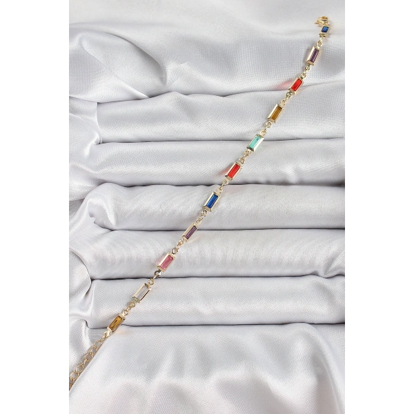 Pirinç Gold Renk Karışık Renkli Kare Zirkon Taşlı Kadın Bileklik