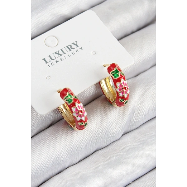 Pirinç Gold Renk Kırmızı Çiçek İşleme Mineli Kadın Küpe