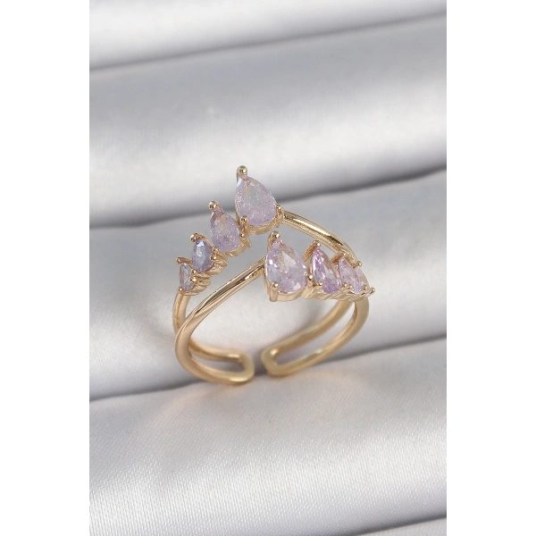 Pirinç Gold Renk Mor Damla Zirkon Taşlı Taç Model Kadın Yüzük