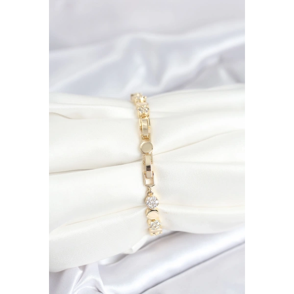 Pirinç Gold Renk Nokta Model Zirkon Taşlı Kadın Bileklik