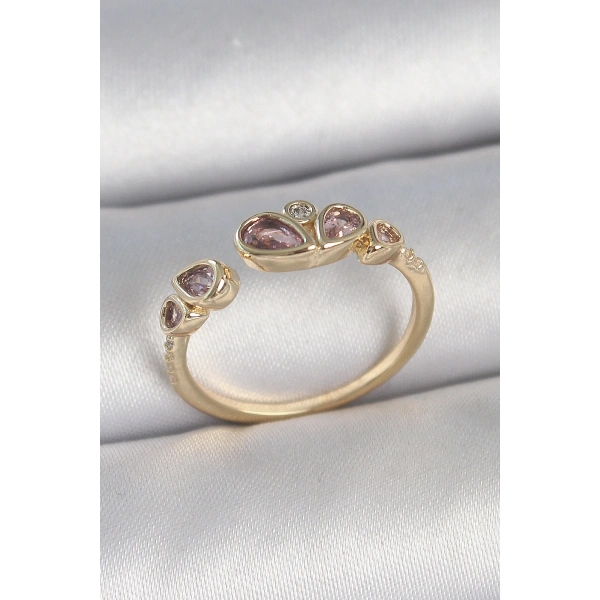 Pirinç Gold Renk Pembe Damla Zirkon Taşlı Ayarlanabilir Kadın Yüzük
