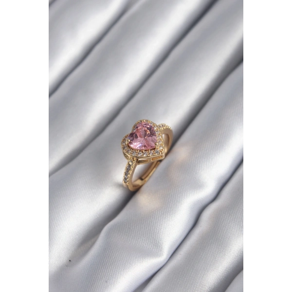 Pirinç Gold Renk Pembe Zirkon Taşlı Charm Kalp Model Kadın Yüzük