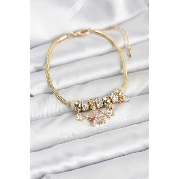 Pirinç Gold Renk Renkli Yıldız Charmlı Kadın Bileklik