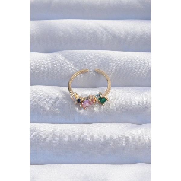 Pirinç Gold Renk Renkli Zirkon Taşlı Ayarlanabilir Yüzük