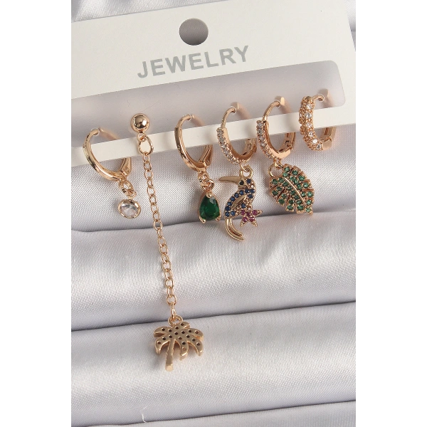 Pirinç Gold Renk Sallantı Zirkon Taşlı Ağaç Figür Kadın Küpe Seti