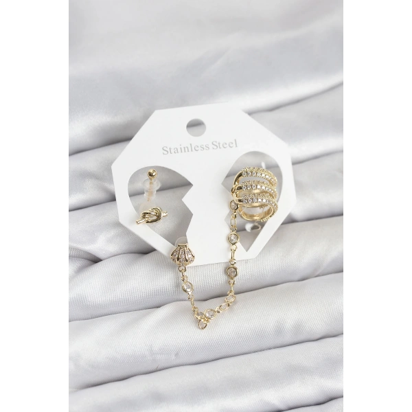 Pirinç Gold Renk Sarmal Model Zincir Bağlantılı Ear Cuff Küpe Seti