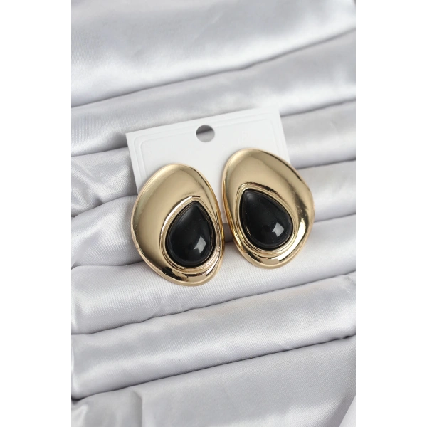 Pirinç Gold Renk Siyah Taşlı Damla Model Vintage Kadın Küpe