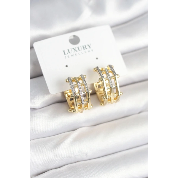 Pirinç Gold Renk Taşlı Halka Kadın Küpe