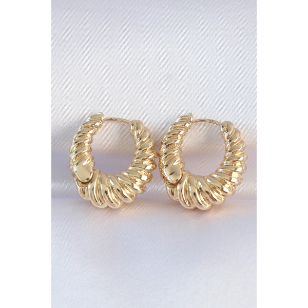 Pirinç Gold Renk Tırtık Detay Bombeli Halka Küpe