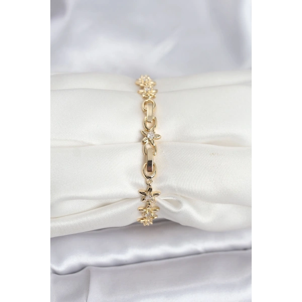 Pirinç Gold Renk VIP Seri Sıralı Taşlı Yıldız Model Zirkon Taşlı Kadın Bileklik