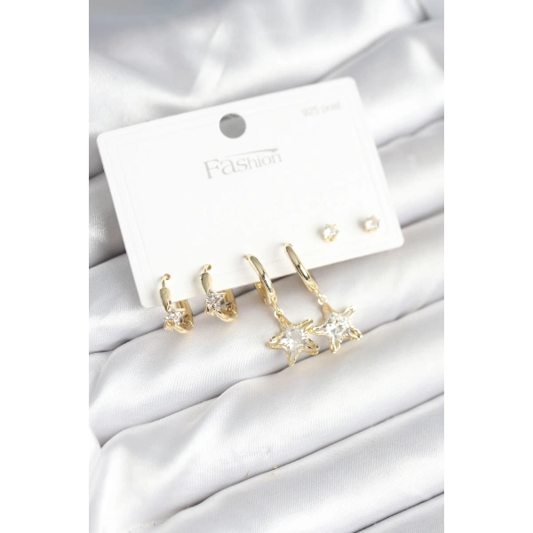 Pirinç Gold Renk Yıldız Model 925 Gümüş Çivili Kadın Küpe Seti