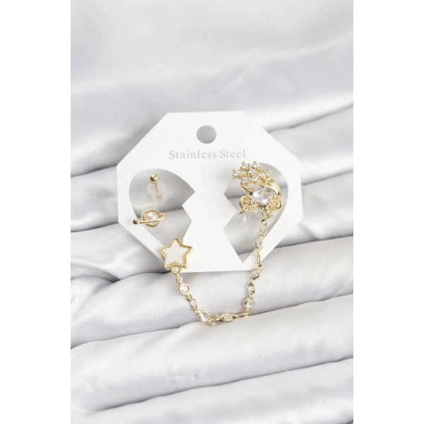 Pirinç Gold Renk Yıldız Model Zincir Bağlantılı Ear Cuff Küpe Seti