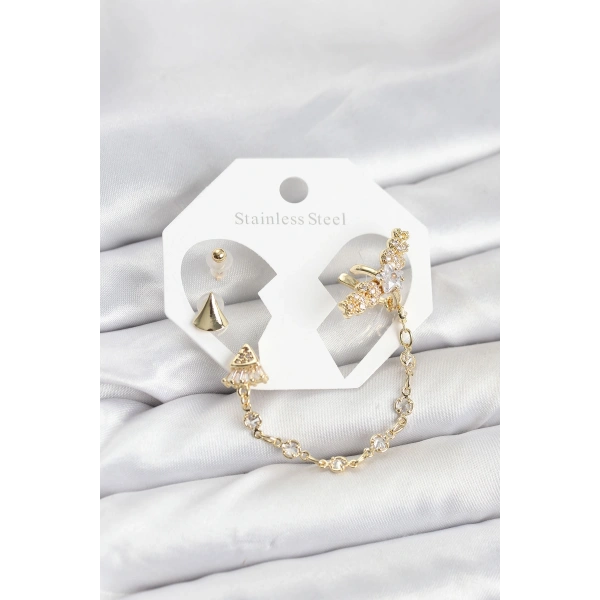 Pirinç Gold Renk Yıldızlı Model Zincir Bağlantılı Ear Cuff Küpe Seti