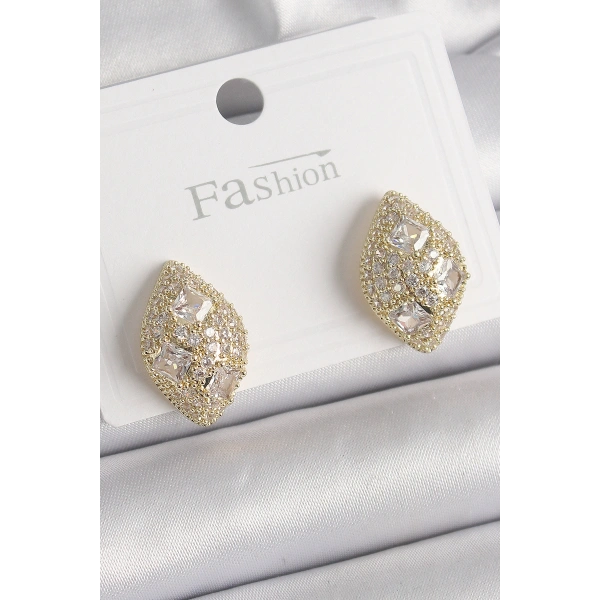 Pirinç Gold Renk Zirkon Taş İşlemeli Damla Model Kadın Küpe