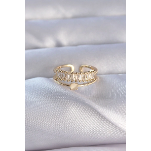 Pirinç Gold Renk Zirkon Taşlı Baget Su Yolu Model Ayarlanabilir Yüzük