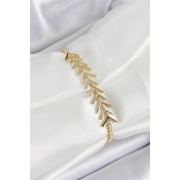 Pirinç Gold Renk Zirkon Taşlı Balık Sırtı Kadın Bileklik