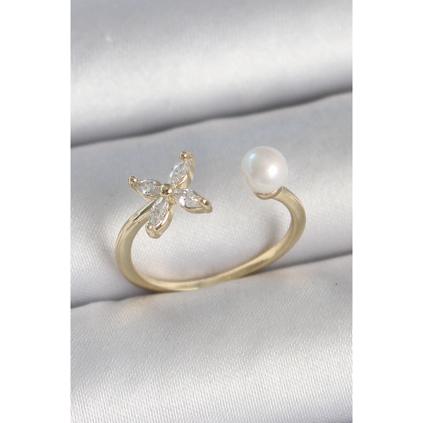 Pirinç Gold Renk Zirkon Taşlı Çiçek Model İnci Detay Ayarlanabilir Kadın Yüzük