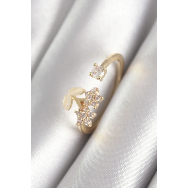 Pirinç Gold Renk Zirkon Taşlı Çiçek Model Kadın Yüzük